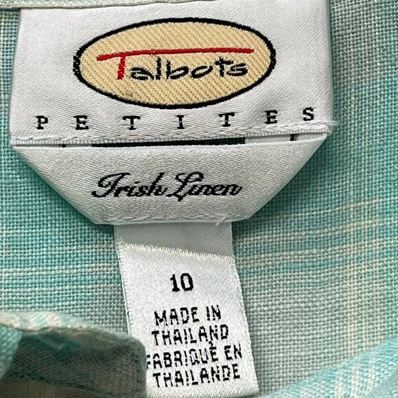 Talbots Petites Irish Linen Button Up Shirt w Belt sz 10P Blue Plaid Coastal - Picture 4 of 9